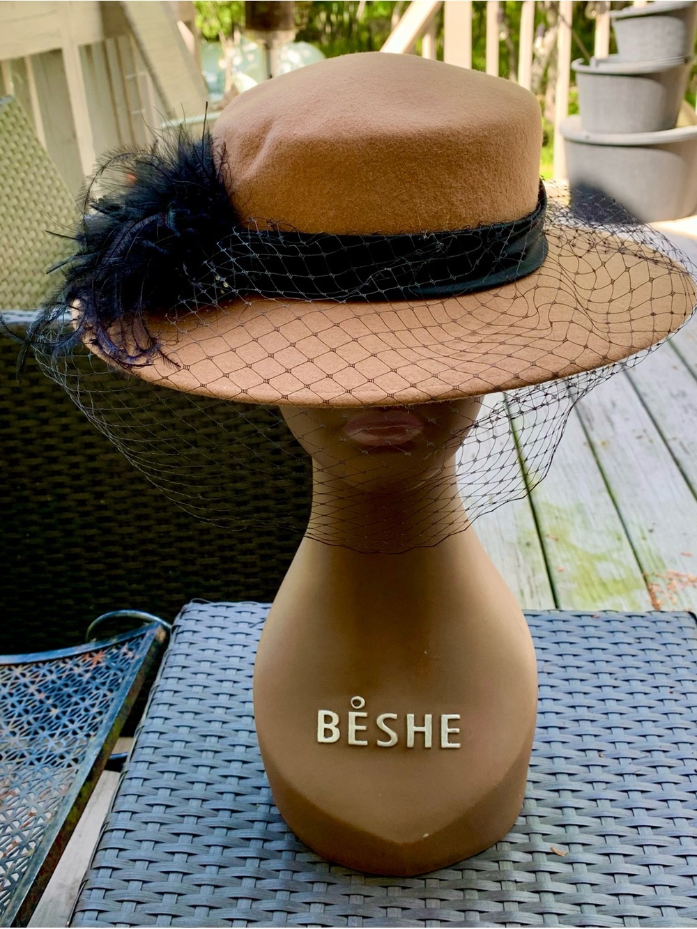 Camel Felt Wide-Brim Hat with Black Veil and Feather Accent